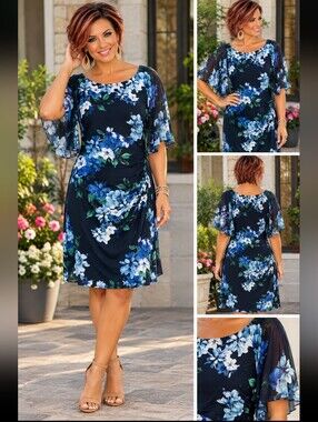 Lauren Ralph Lauren Navy Floral Scoop Neck Dress with Flutter Sleeves